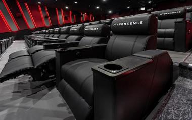 An empty cinema room with black seats and red lights at the Animate complex, run by Arc Cinema