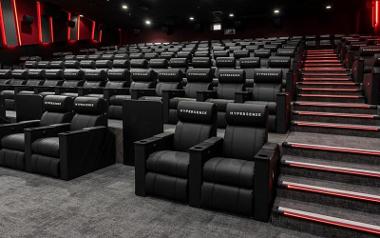 An empty cinema room with black seats and red lights at the Animate complex, run by Arc Cinema