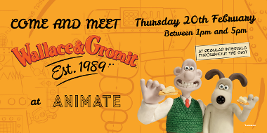 Wallace and Gromit eating cheese with the word Come and Meet Wallace and Gromit at Animate.